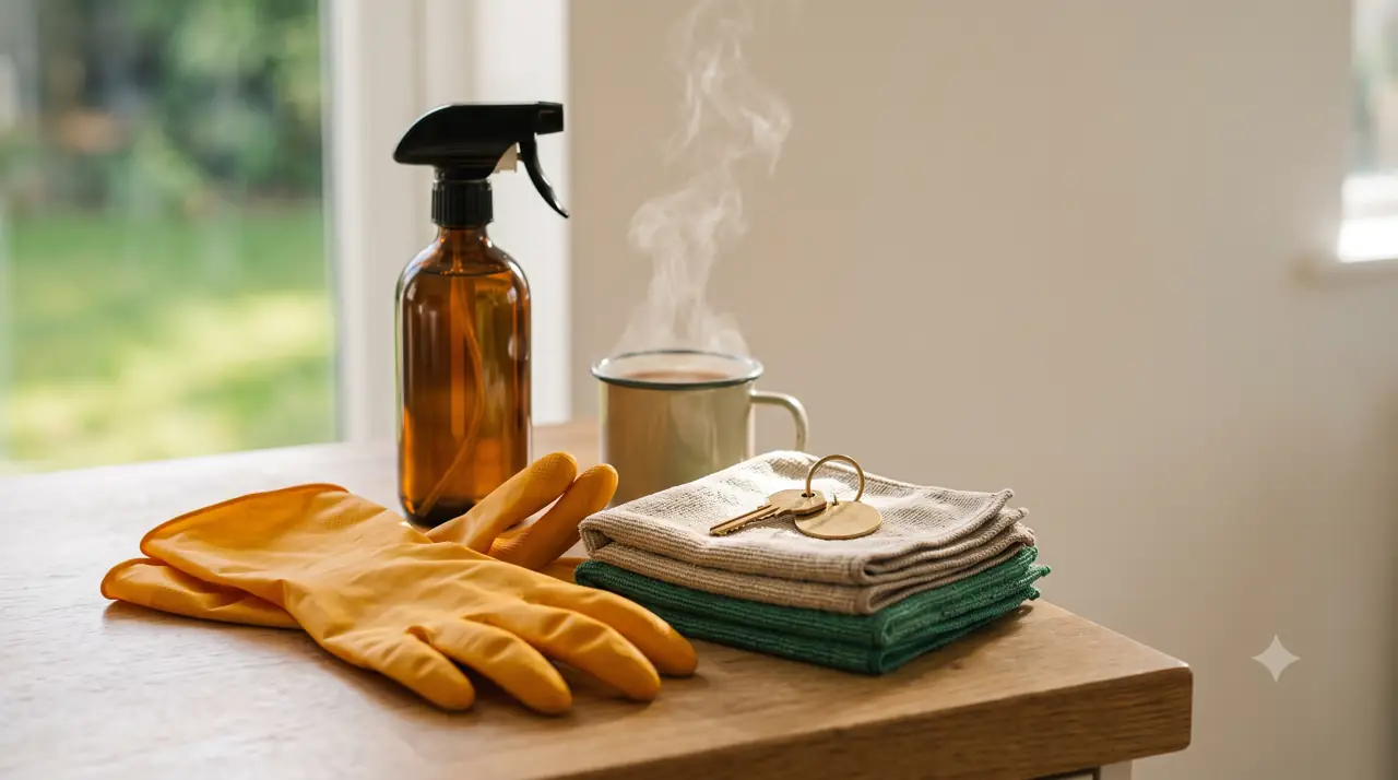 Marigold gloves, microfibre cloths and a client key on a worktop — what a house cleaner's district costs per week