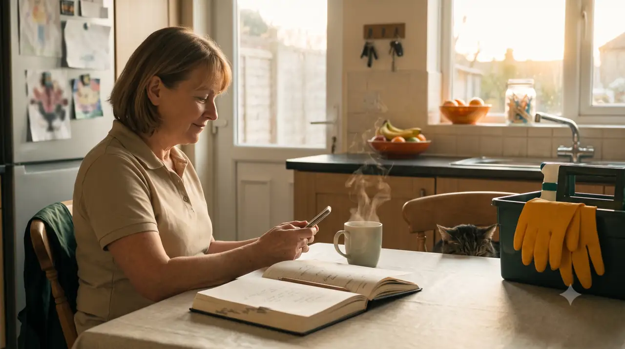 UK house cleaner reviewing a full diary of regular clients — enquiries from her exclusive district page